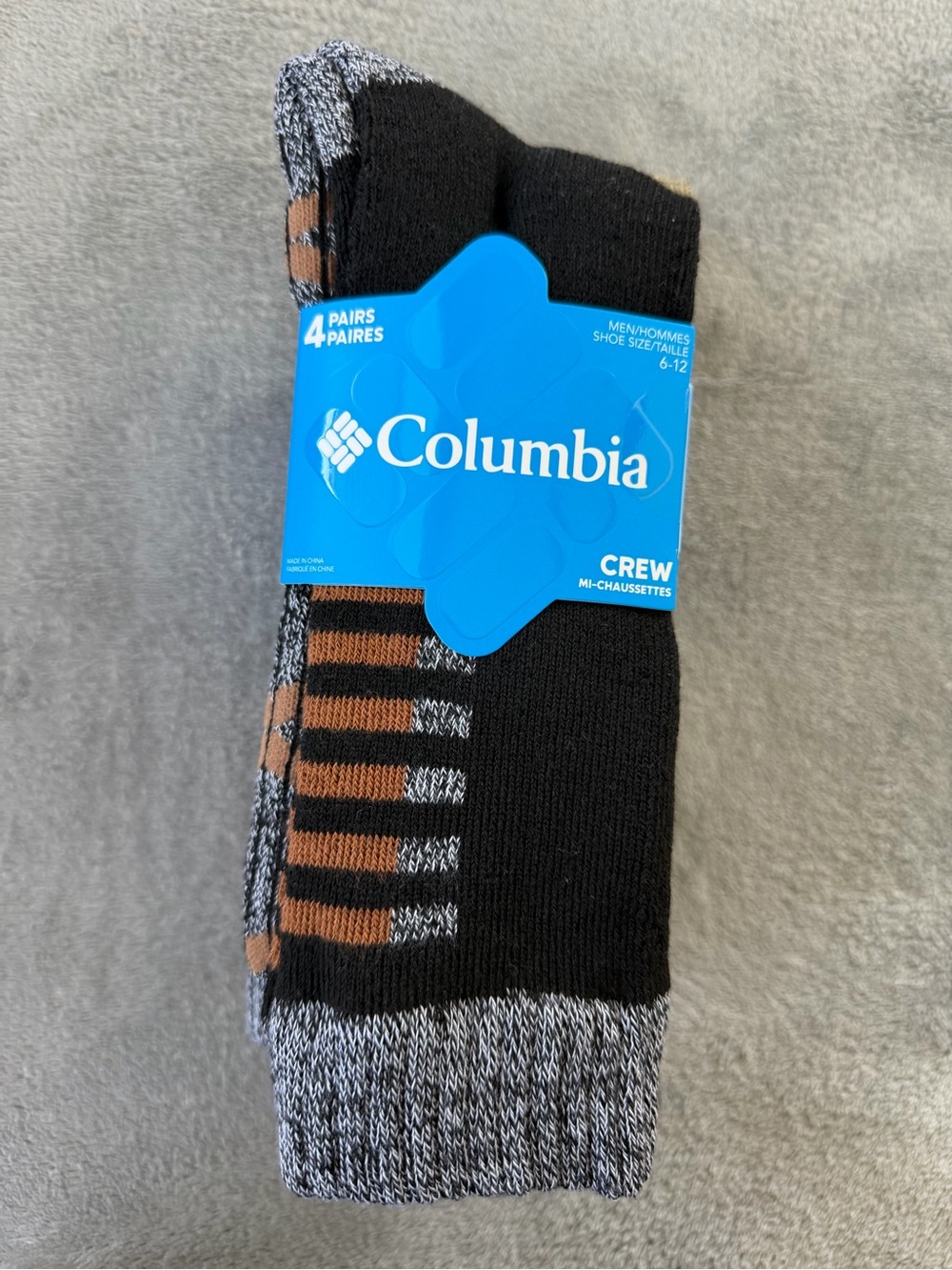 (4 Pairs) Columbia Crew Socks - Black, Gray & Brown Accent